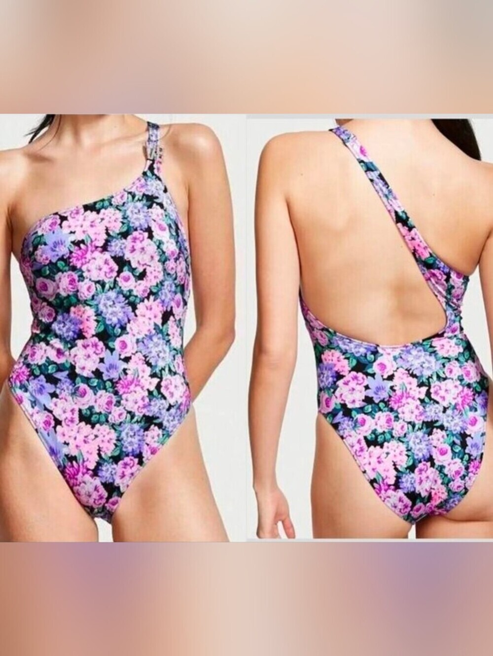 Victoria's Secret Floral One-Piece Swimsuit - Black, Pink & Purple